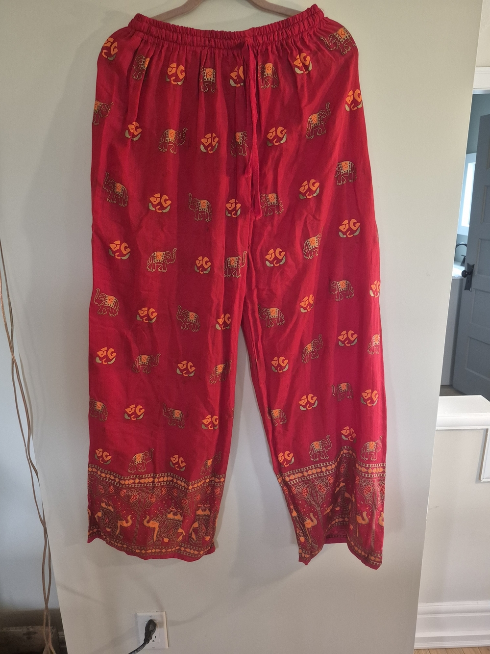 Boho Wide-Leg Cotton Pants in Red with Elephant Print Free Size M-L waist size? - Picture 2 of 7